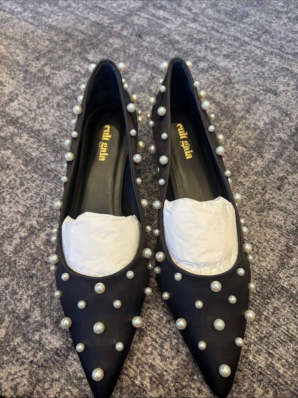 cult gaia Black Pointed Pearl-Embellished Flats